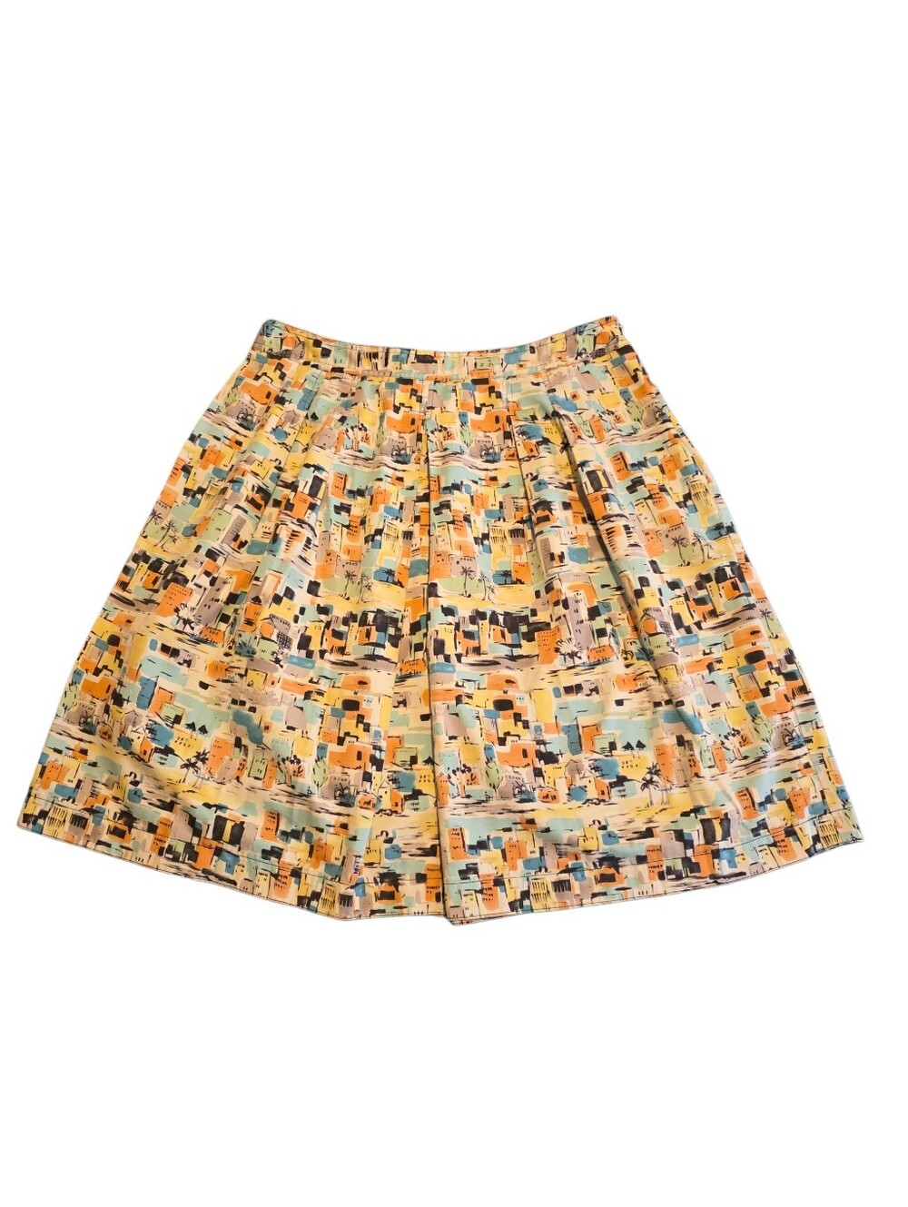 I.E. Vintage 90's Cityscape Print Pleated Full Skirt 100% Cotton EUC Sz 14